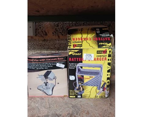 SWIVEL VICE WITH VACUUM BASE & A PRO PLUS COMPACT BATTERY CHARGER