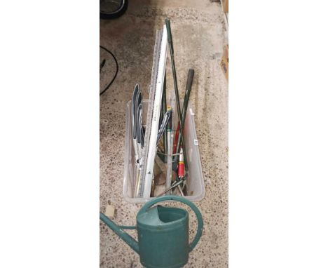 CRATE WITH PLASTIC WATERING CAN, MISC GARDENING SHEARS & YARD STICK MEASURES