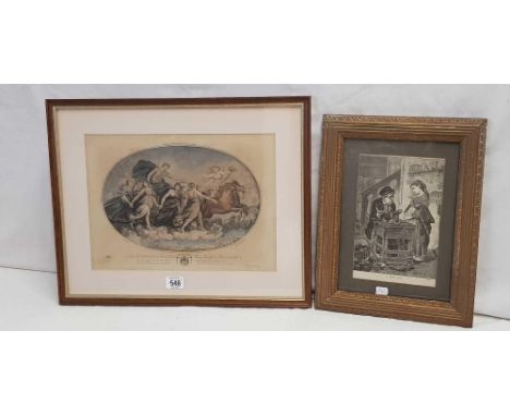 ANTIQUE COLOURED ENGRAVING “AURORA” PUBLISHED 1785, 14 X 18” TOGETHER WITH AN OLD GILT FRAMED PRINT OF A GIRL IN A COBBLER'S 