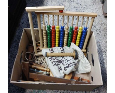 CARTON WITH AN ABACUS, SKIPPING ROPES, MIRROR & HAIR  BRUSH, RULERS & A SKITTLE KIT