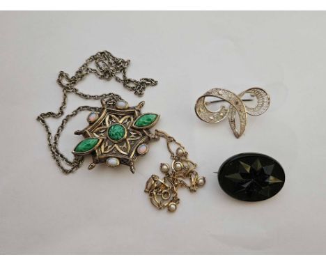 JET BROOCH & OPAL COSTUME PENDANT NECKLACE ETC