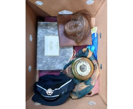 CARTON WITH BRITISH RED CROSS SOCIETY CAP & BADGE, WOOL & SATIN SCARVES, TABLE MATS, A ROUND ANEROID BAROMETER & A WOMAN'S FA