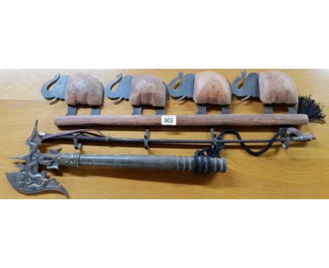 DECORATIVE AXE, A RIDING CROP, AN ELEPHANT DECORATIVE COAT HOOK