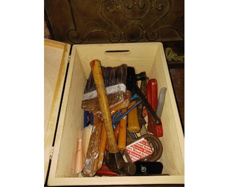 2 WOOD CONTAINER BOXES WITH MISC GARDEN TOOLS,STRING, 1 PINT OIL CAN, MISC HAND TOOLS, OPEN TOP BOX WITH A BLACKBURN TRACK PU