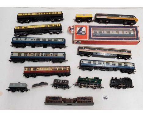 BOX WITH QTY OF 'OO' GAUGE ROLLING STOCK, A GWR TANK ENGINE & A LIMA BUFFET RESTAURANT CAR