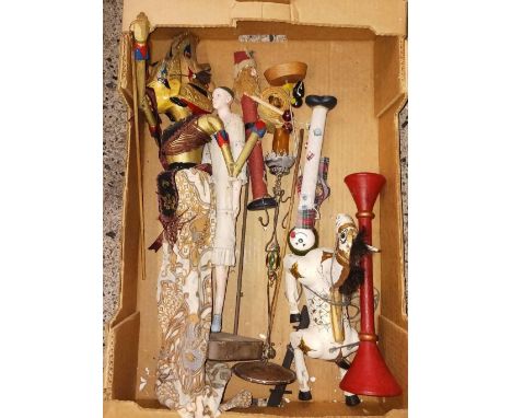 2 CARTONS OF MASQUERADE MASKS, DECORATIVE ITEMS, MUFFIN THE MULE PUPPET & AN ORIENTAL HAND PUPPET