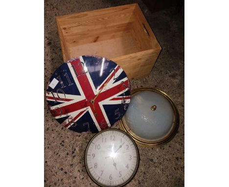 REPRO UNION FLAG WALL CLOCK, A FENLAND FINE CLOCK & A IRIDESCENT CEILING LIGHT SHADE