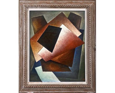 Impressive Geometric Composition      Oil on canvas      Signed in Cyrillic with monogram (lower right)      Dimensions: 70 ×