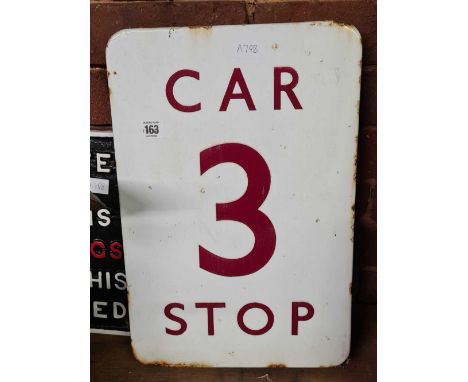 WHITE ENAMEL 3 CAR STOP RAILWAY SIGN 