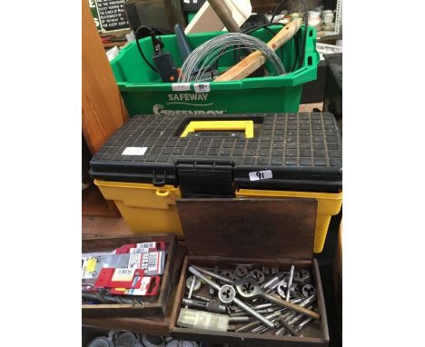 GREEN CARTON OF MISC HAND TOOLS, YELLOW &amp; BLACK TOOL BOX WITH CONTENTS, 2 WOOD CIGAR BOXES WITH DRILLS &amp; TAPS &amp; D