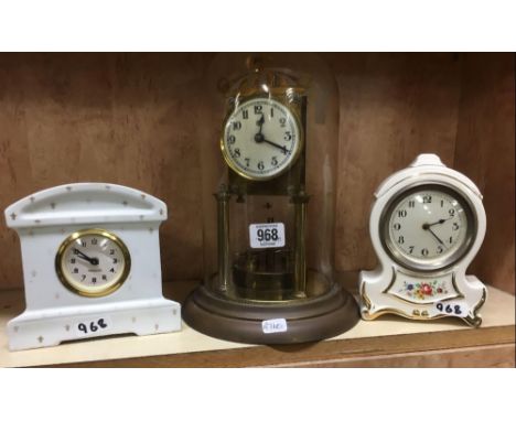 BRASS TORSION CLOCK WITH DOME A/F &amp; 2 CERAMIC DRESSING TABLE CLOCKS, NOT KNOWN IF WORKING