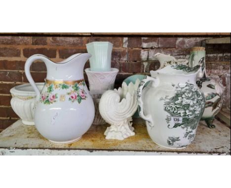 SHELF OF VARIOUS JUGS &amp; PLANTERS