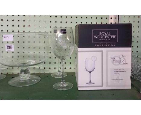 SHELF OF WINE GLASSES, FRUIT BOWLS ETC