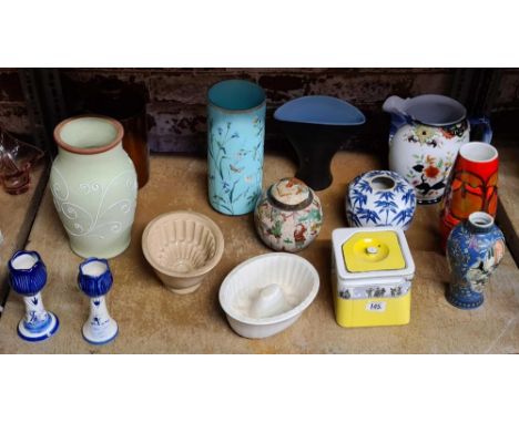 SHELF WITH DENBY VASE, CHINA JELLY MOULDS, CUBE TEA POT &amp; VASES