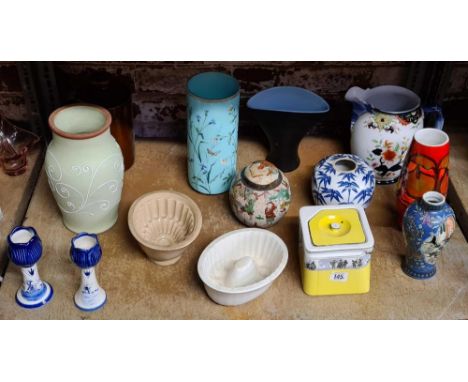 SHELF WITH DENBY VASE, CHINA JELLY MOULDS, CUBE TEA POT &amp; VASES