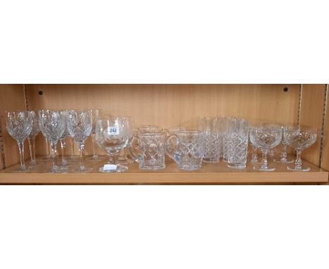 SHELF OF CUT GLASS WINE GLASSES, TUMBLERS, SUNDAE DISHES ETC