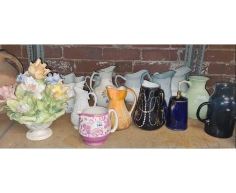 SHELF OF VARIOUS COLOURED JUGS, WHITE PLANTER &amp; CAPODIMONTE STYLE DISPLAY