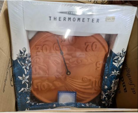 CARTON WITH NATIONAL TRUST BIRD CLOCK, BOXED TERRACOTTA THERMOMETER &amp; TERRACOTTA WALL CLOCK