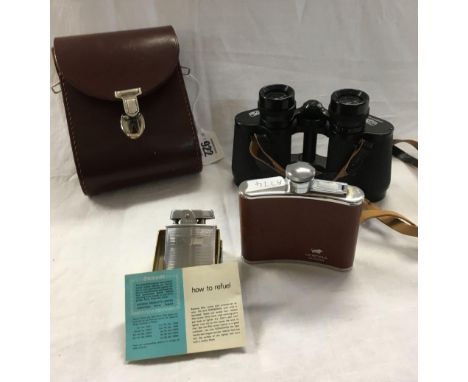 4oz STAINLESS STEEL HIP FLASK, RONSON LIGHTER IN BOX &amp; A PAIR OF ZEISS JENA MULTI COATED 8 X 30 W BINOCULARS IN CASE