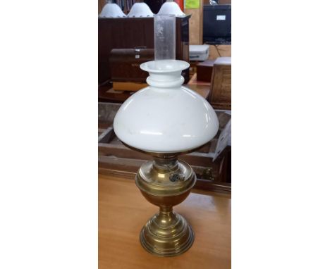 VINTAGE BRASS OIL LAMP WITH OBSCURE GLASS SHADE &amp; CHIMNEY