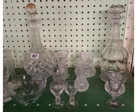 SHELF OF CUT GLASS DECANTERS, GLASSES, VASES ETC