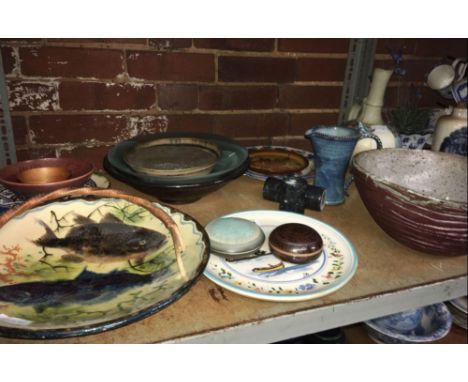 SHELF WITH VARIOUS STUDIO STYLE PLATES, VASES &amp; BOWLS