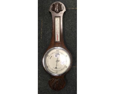 MODERN OAK BANJO BAROMETER &amp; THERMOMETER