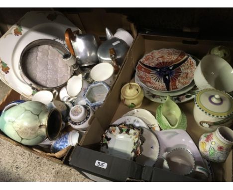 2 CARTONS OF MISC CHINAWARE INCL; 2 METAL PICQUOT TEA POTS &amp; A POOLE BISCUIT BARREL 