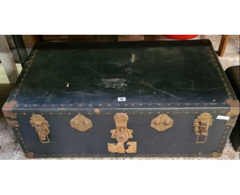 DARK BLUE PLYWOOD TRAVEL TRUNK WITH SIDE HANDLES, 1 A/F