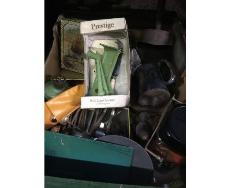 CARTON WITH METAL TANKARD, VINTAGE WAR CAN OPENER, MISC CUTLERY &amp; COPPER SCOOP &amp; OTHER BRIC-A-BRAC