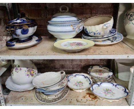 2 SHELVES OF VINTAGE PLATES TUREENS &amp; BLUE &amp; WHITE MEAT PLATES