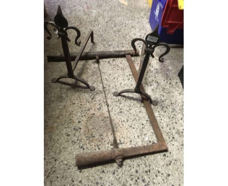 ANTIQUE VINTAGE STYLE WOODEN BOW SAW &amp; A PAIR OF WROUGHT IRON ANDIRONS