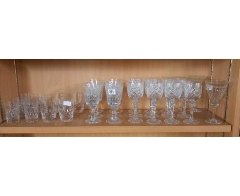 SHELF OF VARIOUS CUT GLASS WINE GLASSES, SMALL TUMBLERS ETC