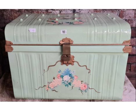 GREEN PAINTED TRUNK WITH DECOUPAGE  DECORATION