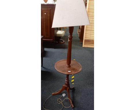 MAHOGANY STANDARD LAMP/WINE TABLE ON TRIPOD LEGS WITH SHADE