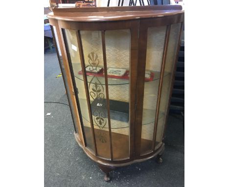 FLAME VENEERED BOW FRONTED DISPLAY CABINET WITH 2 SHELVES