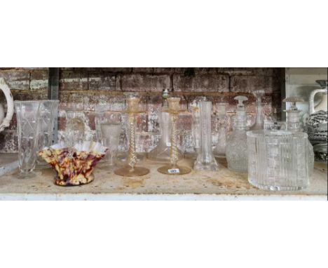 SHELF OF VARIOUS GLASS VASES, CANDLESTICK HOLDERS, DECANTERS &amp; GLASS BISCUIT BARREL 