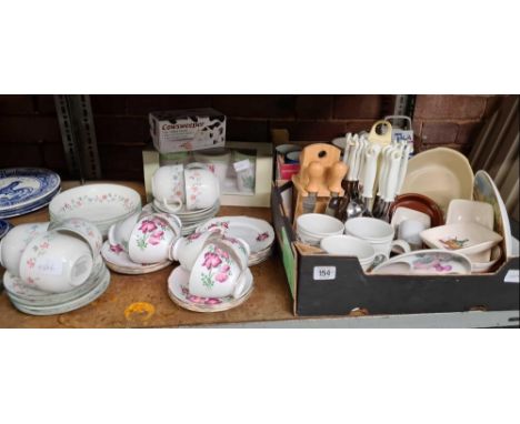 SHELF OF PART TEA SETS BY CROWN ROYAL, EXPRESSIONS FLORENTINA, VARIOUS MUGS, DISHES &amp; CUTLERY SET STAND
