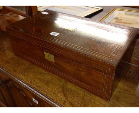 VICTORIAN ROSEWOOD TRAVELLING WRITING SLOPE WITH BRASS ESCUTCHEON &amp; INLAY, MISSING ONE INKWELL