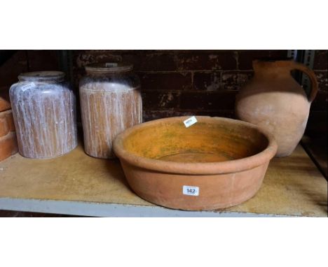 SHELF WITH EARTHENWARE, JUG, 2 POTS &amp; A BRINE BOWL