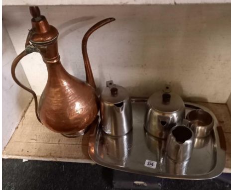 OLD HALL STAINLESS STEEL TEA SERVICE &amp; A LARGE COPPER TURKISH COFFEE POT