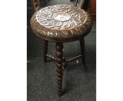 HEAVILY CARVED OAK TRIPOD STOOL WITH BOBBIN TURNED LEGS &amp; STRETCHERS