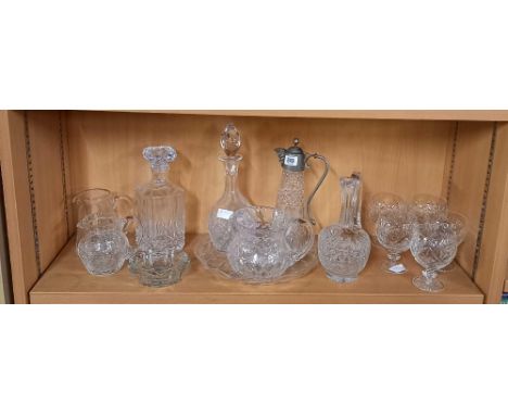 SHELF OF CUT GLASS JUGS, 2 DECANTERS, 2 CLARET JUGS &amp; GOBLETS