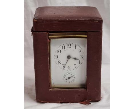 BRASS FRAMED TRAVEL CLOCK WITH ENAMEL DIAL &amp; SECOND'S HAND WITH CARRY CASE &amp; KEY
