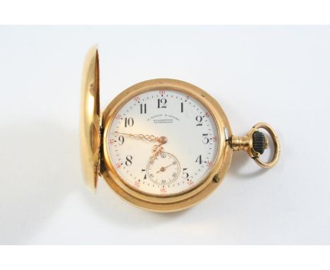 AN 18CT GOLD FULL HUNTING CASED POCKET WATCH BY A. LANGE &amp; SOHNE, DRESDEN the signed white enamel dial with Arabic numera