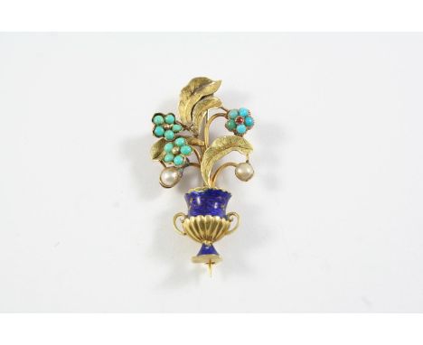 A VICTORIAN ENAMEL, TURQUOISE AND PEARL SET GIARDINETTO BROOCH with blue guilloche enamel decoration to the urn, the flowers 