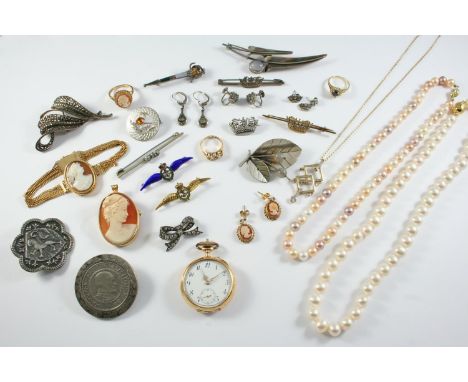A QUANTITY OF JEWELLERY including an 18ct gold open faced pocket watch, an 18ct gold and pearl set naval crown brooch, two ma