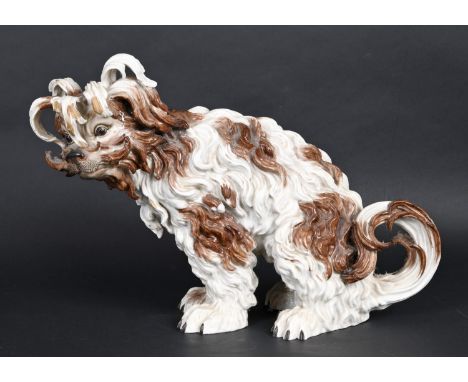 LARGE PORCELAIN BOLOGNESE TERRIER in the style of Meissen, the porcelain model of unusually large size with the dog seated on