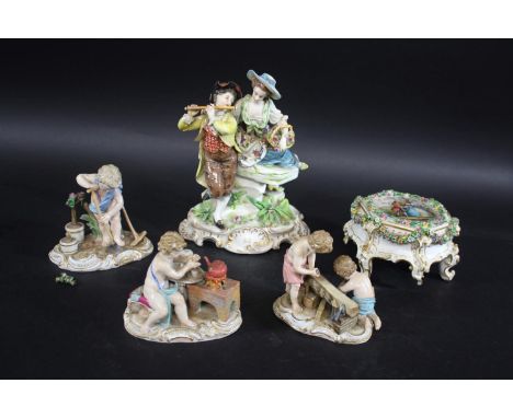 MEISSEN FIGURES including a late 19thc figure of gardener (incised G100), two figures woodworking (G114) and a figure by a bo