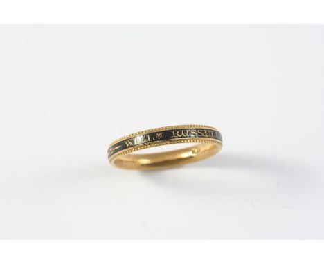 A GEORGE III GOLD AND BLACK ENAMEL MOURNING   with inscription for William Russell OB 10 Jan 1766 AE 72. Size R